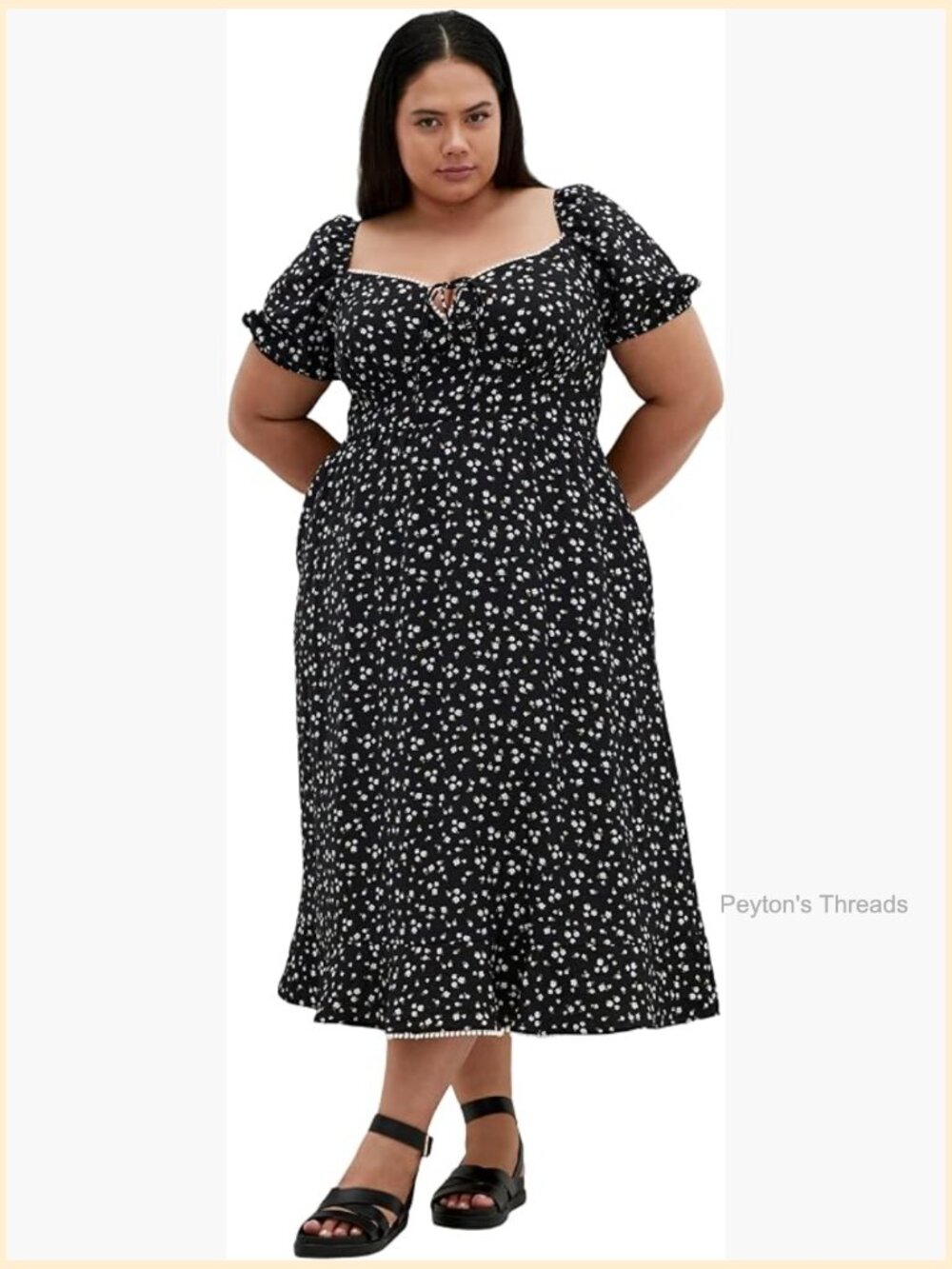 Plus Size Floral Midi Dress Sweetheart Neck Cap Sleeve with Pockets